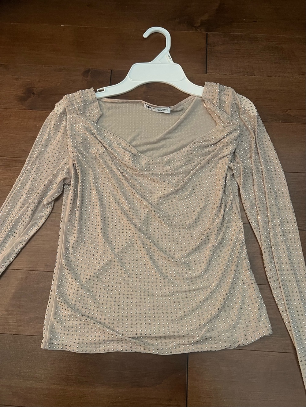 Zara Blush Beige Studded Long-Sleeve Draped Top